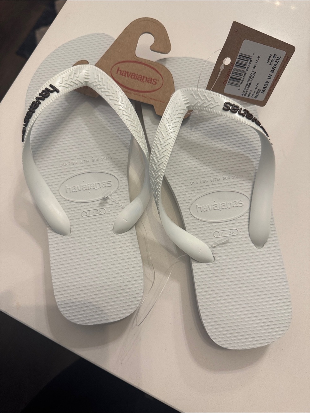 Havaianas Women's White Slim Flip Flop Sandals with Logo Strap - Size 7/8